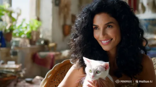Bohemian Beauty with Kitten in Sunlit Room – AI Generated Video | Hailuo AI