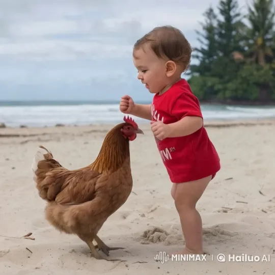 Boy and Chicken Engage in Intense Beach Tussle – AI Generated Video | Hailuo AI