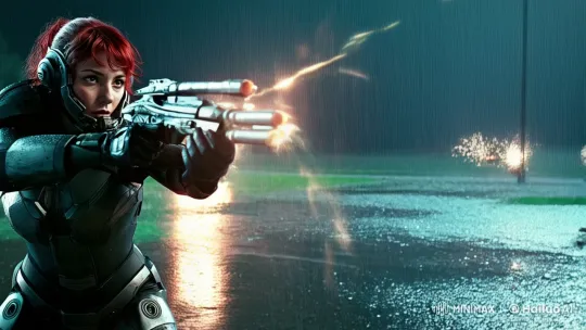 Red-haired Warrior Engages Hostile Robots in Futuristic Firefight – AI Generated Video | Hailuo AI
