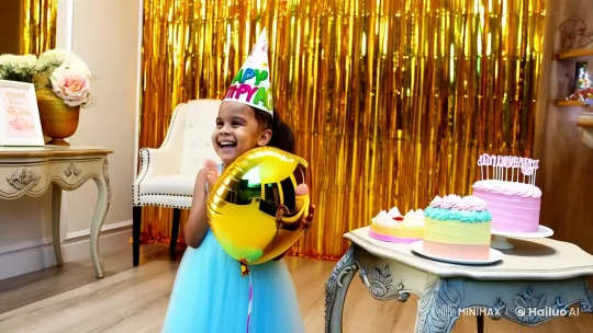 Girl's Joyful Birthday Celebration in Ornate Room – AI Generated Video | Hailuo AI