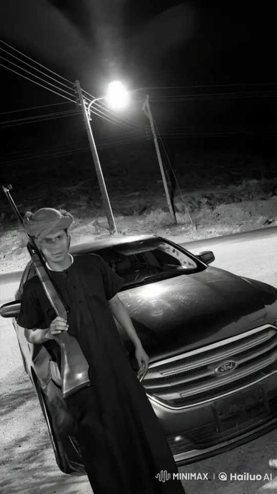 Man in Traditional Attire Smokes by Ford Under Street Light – AI Generated Video | Hailuo AI