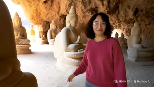 Contemplative Woman Connects with Ancient Art in Mogao Caves – AI Generated Video | Hailuo AI