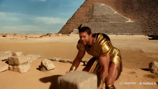 Ancient Warrior Heaves Stone Amidst Pyramid Majesty – AI Generated Video | Hailuo AI