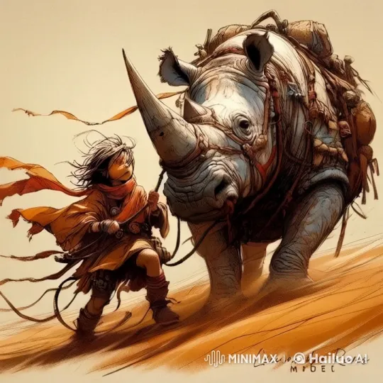 Rhinoceros and Cloaked Figure Journey Through Desert Sands – AI Generated Video | Hailuo AI