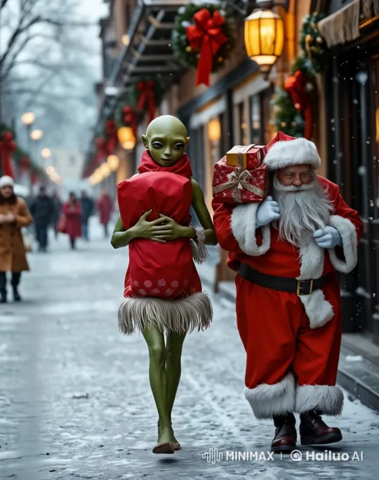 Festive Live2D Animation of Santa and Companion Walking Down Snowy Street – AI Generated Video | Hailuo AI