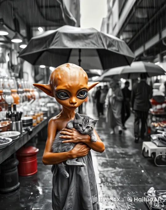 Elf-Eared Character Stands with Kitten Under Umbrella at Rainy Market – AI Generated Video | Hailuo AI