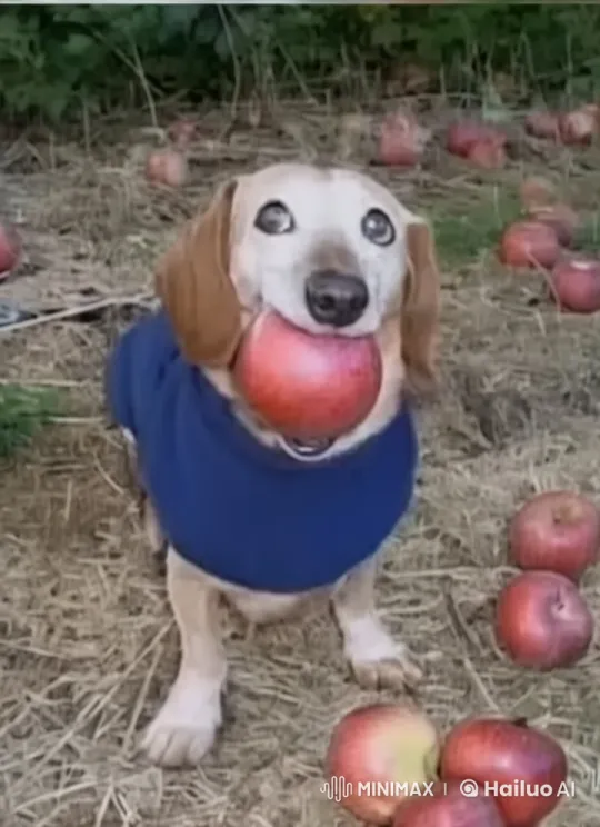 Cheerful Dog Enjoying an Apple in Outdoor Setting – AI Generated Video | Hailuo AI