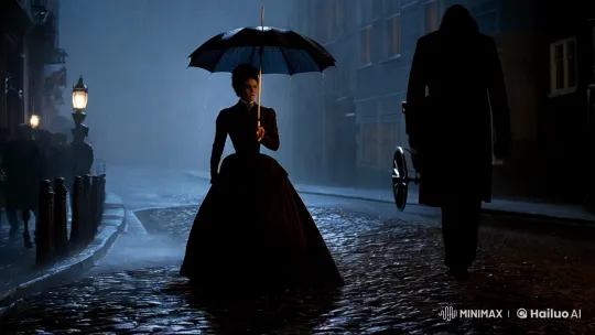 Victorian Woman in Stormy Streets: A Silhouette Tale – AI Generated Video | Hailuo AI