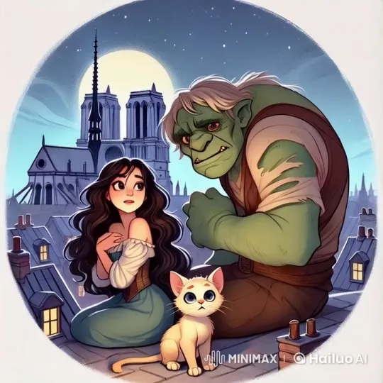 Nighttime Notre-Dame Scene with Green Character, Woman, and Kitten – AI Generated Video | Hailuo AI