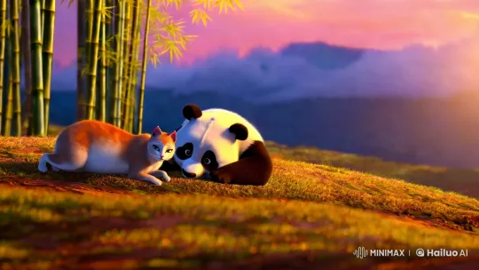 Twilight Serenity: Feline and Panda in Bamboo Forest – AI Generated Video | Hailuo AI