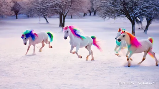 Fantasy Kingdom: Unicorns Dance in Winter Wonderland – AI Generated Video | Hailuo AI