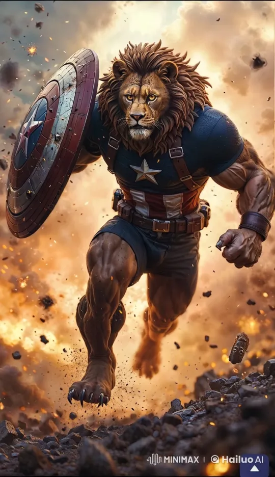 Captain America-Lion Hybrid Charges in Epic Slow-Motion Scene – AI Generated Video | Hailuo AI