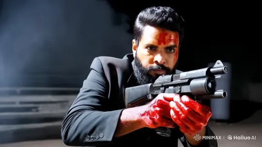 Blood-Stained Man with Gun in Chaotic, Frozen Moment – AI Generated Video | Hailuo AI