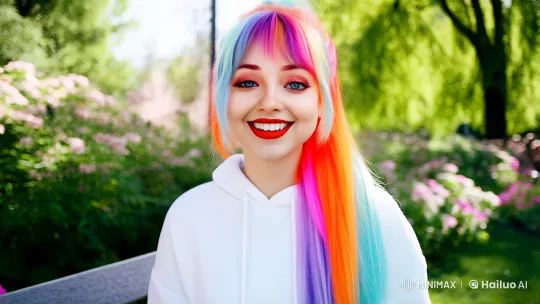 Young Woman with Vibrant Hair Enjoys a Sunny Day in the Park – AI Generated Video | Hailuo AI