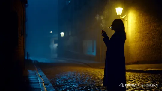 Isolated Woman Under Streetlamp in Cobblestone Alley – AI Generated Video | Hailuo AI