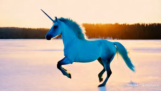Blue Unicorn Gallops Through Snowy Field in Golden Light – AI Generated Video | Hailuo AI