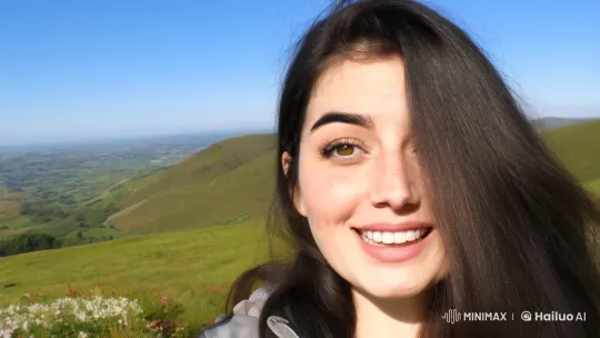 Woman Shares Joyful Selfie Video in Scenic Hills – AI Generated Video | Hailuo AI