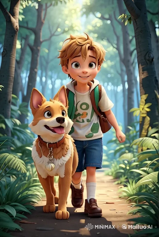 Boy and Dog Enjoy a Walk in a Lush Forest – AI Generated Video | Hailuo AI