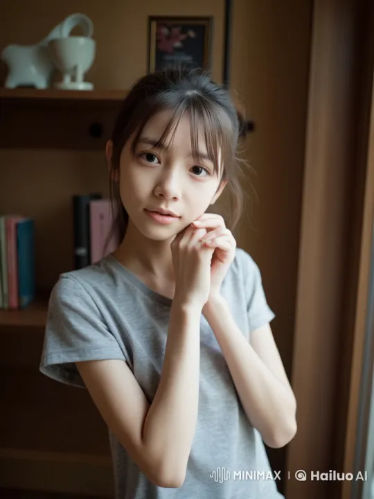 Young Woman in Thoughtful Pose with Books – AI Generated Video | Hailuo AI