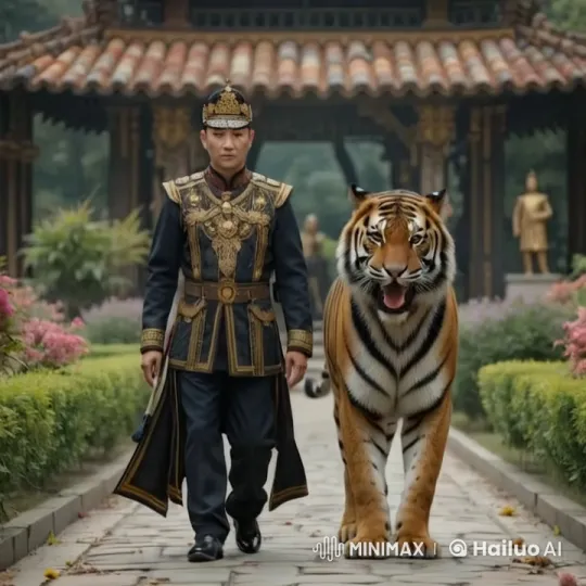 Royal Man and Tiger Stroll Through Elegant Garden – AI Generated Video | Hailuo AI