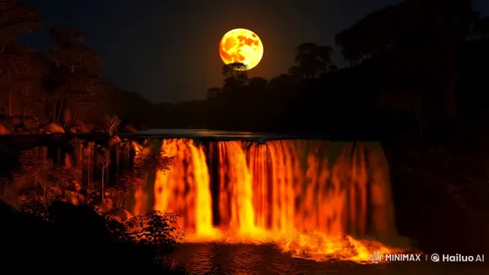 Orange Moonlight Reflects on Serene Waterfall – AI Generated Video | Hailuo AI