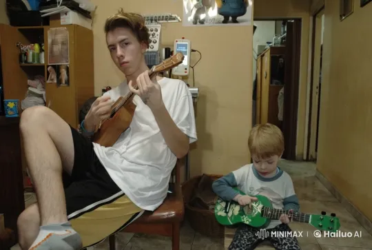 Young Girl and Man Perform Metal Guitar on Evolving Stage – AI Generated Video | Hailuo AI