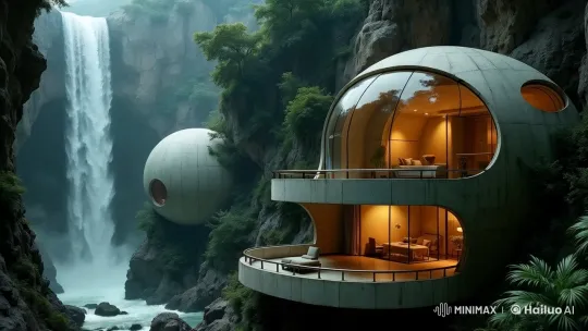Serene Cliffside with Spherical Houses and Waterfall – AI Generated Video | Hailuo AI