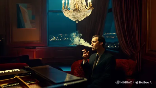 Aesthetic Film Clip: Solitary Man in Opulent Room with Piano – AI Generated Video | Hailuo AI