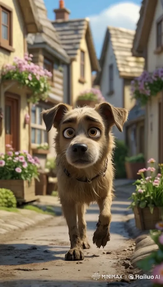 Muddy Dog Strolls Through Peaceful Village Scene – AI Generated Video | Hailuo AI