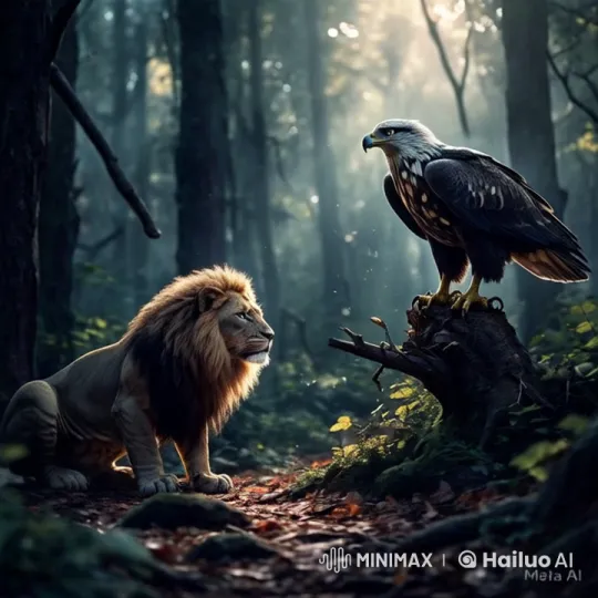 Peaceful Encounter: Lion and Eagle in Live2D Forest – AI Generated Video | Hailuo AI