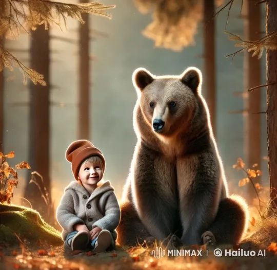 Boy and Bear in Intense Forest Confrontation – AI Generated Video | Hailuo AI