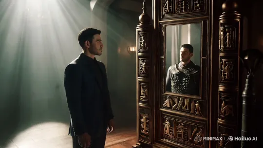 Contemplative Man Reflects in Ancient Mirror – AI Generated Video | Hailuo AI