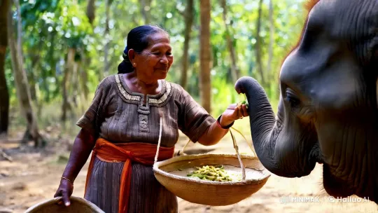 Elderly Woman Feeds Young Elephant in Peaceful Forest – AI Generated Video | Hailuo AI