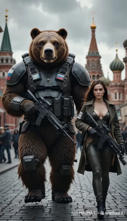 Armored Bear and Woman Walk with Authority – AI Generated Video | Hailuo AI