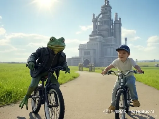 Mystery the Frog Bicycles Past Enchanted Candles Near Futuristic Castle – AI Generated Video | Hailuo AI