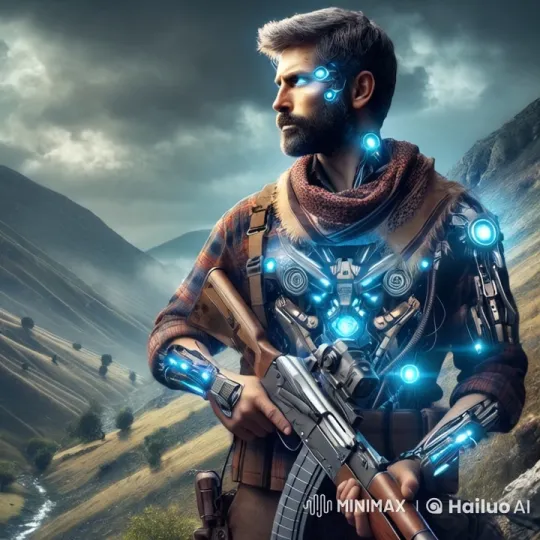 Cyborg Warrior in Mountainous Landscape – AI Generated Video | Hailuo AI