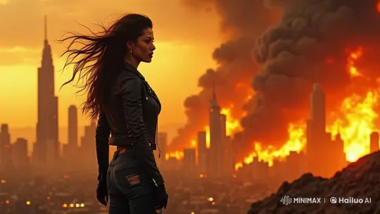 Woman Stands Resolute Amidst Burning Cityscape – AI Generated Video | Hailuo AI