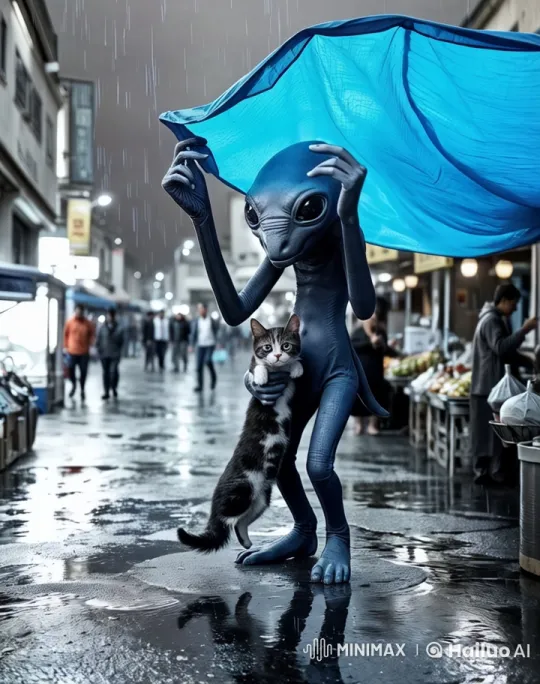 Vivid Blue Raincoat: Cat Sheltered in Bustling Market – AI Generated Video | Hailuo AI