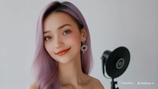 Asian Woman with Lavender Hair in Elegant Studio Portrait – AI Generated Video | Hailuo AI