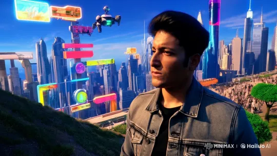 Futuristic Cityscape with Man's Journey Through Technological Urban Life and Peaceful Sanctuary – AI Generated Video | Hailuo AI