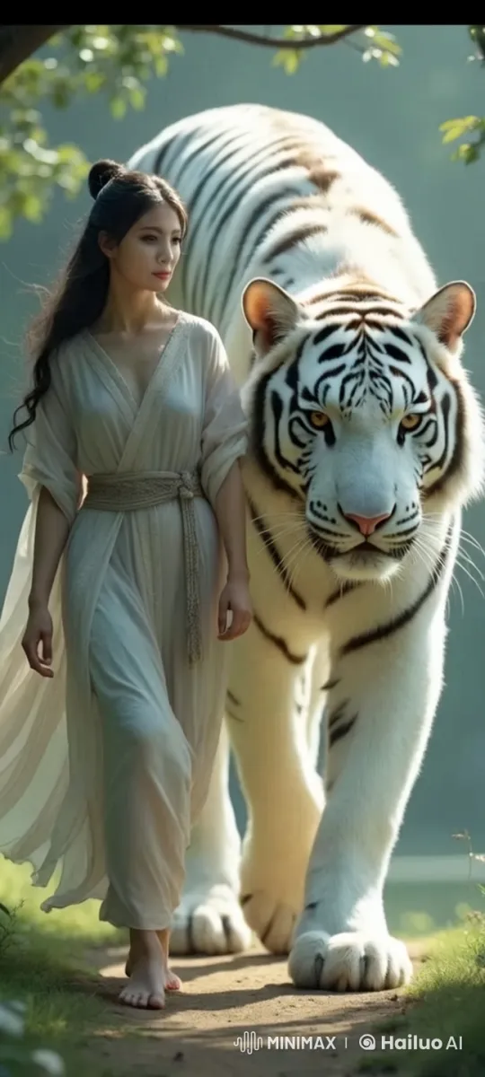 Elegant Woman and White Tiger Walk in Harmony – AI Generated Video | Hailuo AI