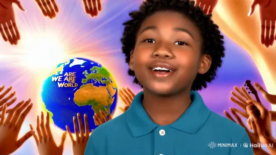 Child Sings 'We Are the World' Amidst Global Unity 3D Scene – AI Generated Video | Hailuo AI
