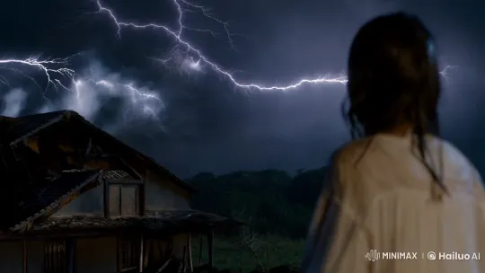 Japanese Girl in Nightgown Amidst Stormy Ruins – AI Generated Video | Hailuo AI
