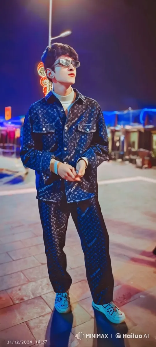 Young Person in Stylish Outfit on Festive New Year's Eve Street – AI Generated Video | Hailuo AI