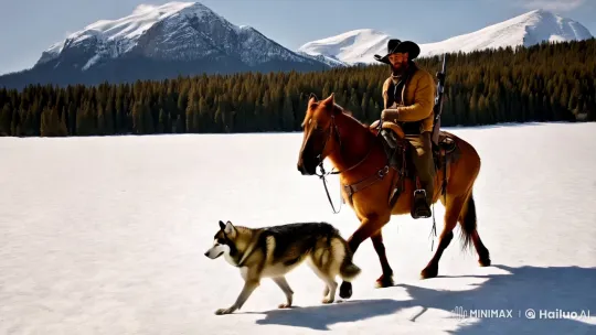 Cowboy and Husky in Snowy Wilderness with Alpine Mountains – AI Generated Video | Hailuo AI