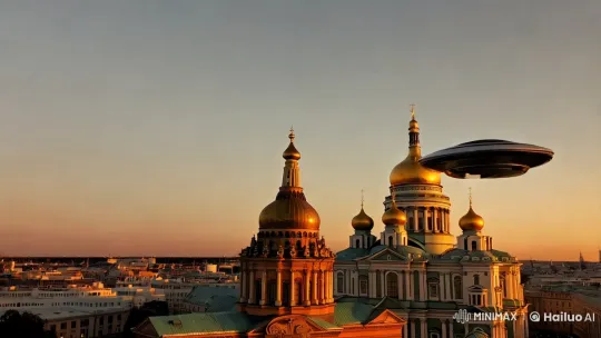 UFO Over St. Petersburg Cathedral at Dusk – AI Generated Video | Hailuo AI