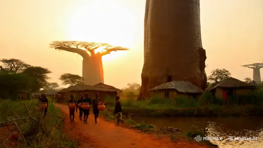 African Village Dawn: Children's Joyful Journey to the River – AI Generated Video | Hailuo AI