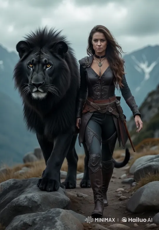 Girl and Lion March in Harmony on Mountain Path – AI Generated Video | Hailuo AI