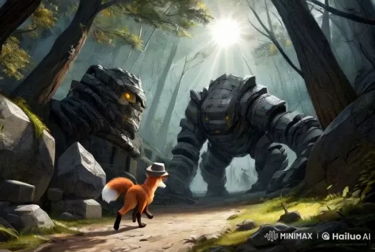 Fox in Hat Approaches Stone Golems in Enchanted Forest – AI Generated Video | Hailuo AI