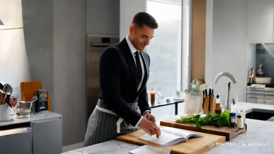 Cristiano Cooks in Designer Suit Amidst Elegant Kitchen – AI Generated Video | Hailuo AI